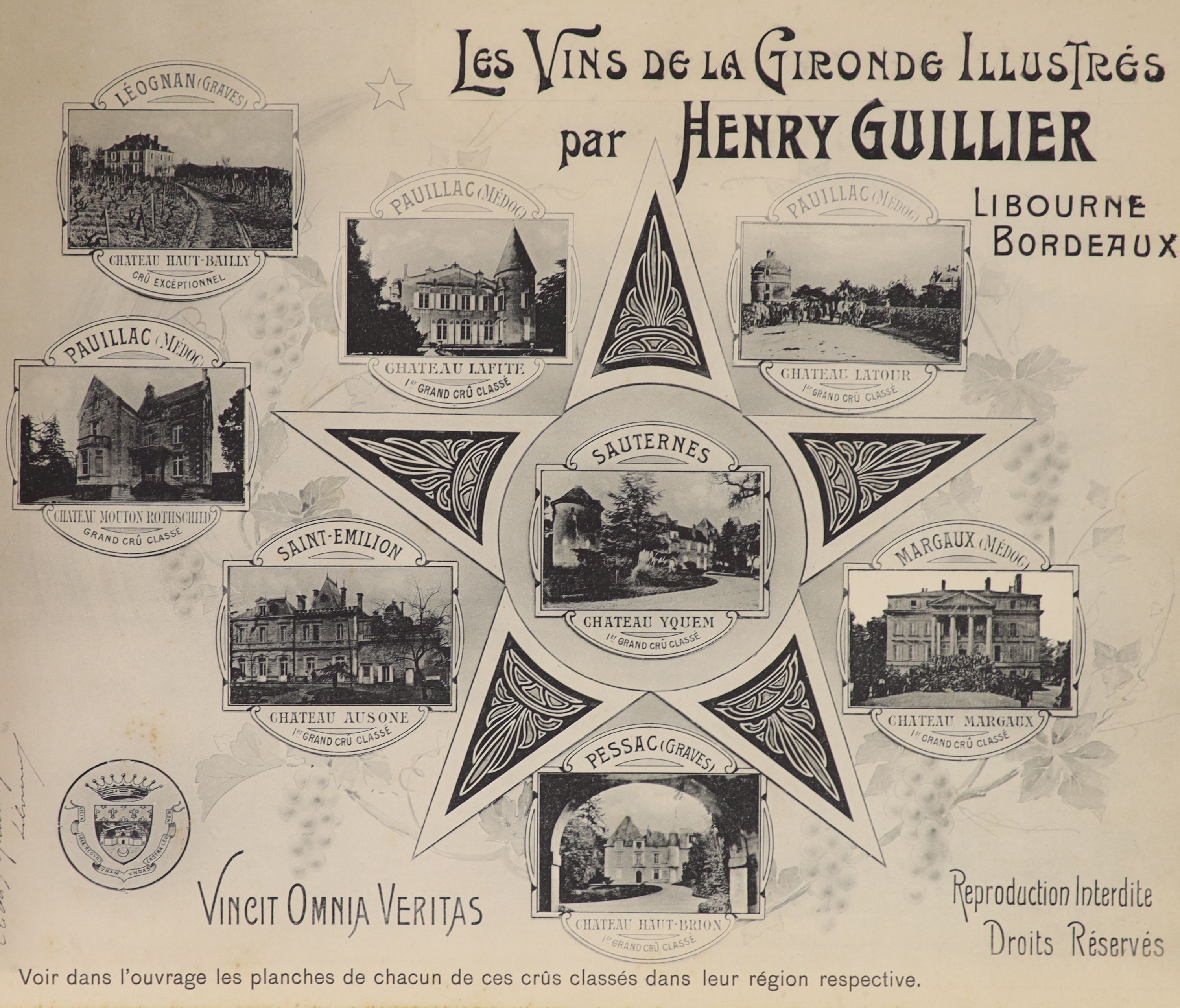 Guillier, Henry. Les Vins de La Gironde par Henry Guillier Libourne Bordeaux. Oblong folio, n.d. (c.1910). Printed photographic title page and 168 printed photographic views of wine chateaus, producers and negotiants in